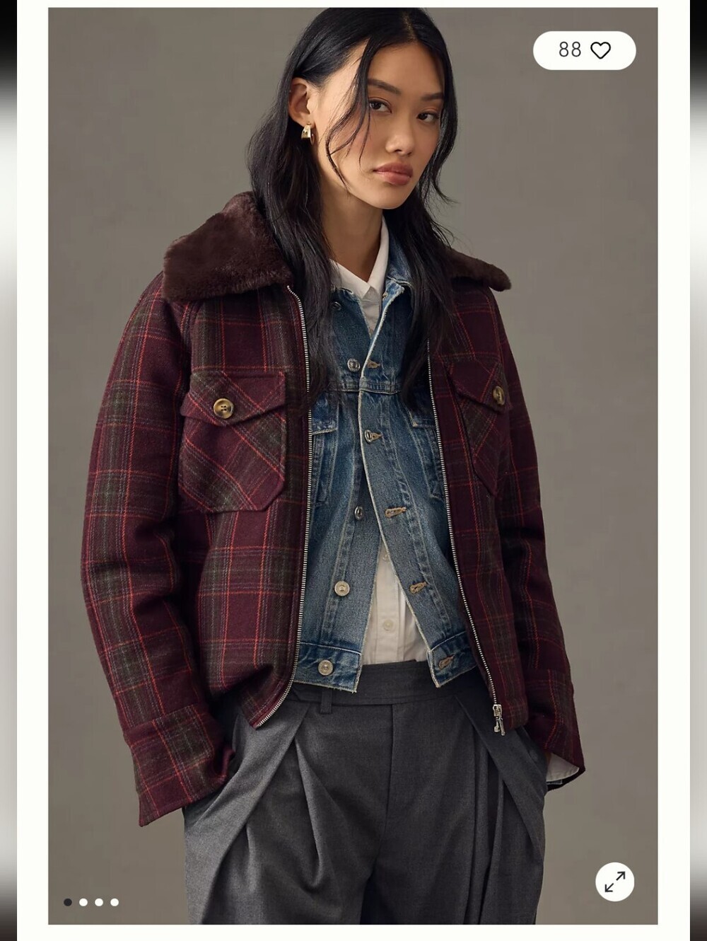 NWT Anthropology By Avec Les Filles Maroon Plaid Aviator Jacket Sz M